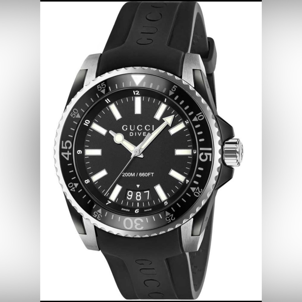 Gucci Stainless Steel Dive Watch with Black Rubber Band